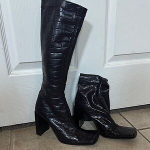 Bebe Eggplant Croc-Embossed Knee-High Boots